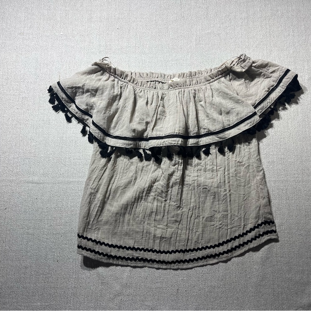 Miss Love Neutral Taupe Black Fringe Off Shoulder Blouse